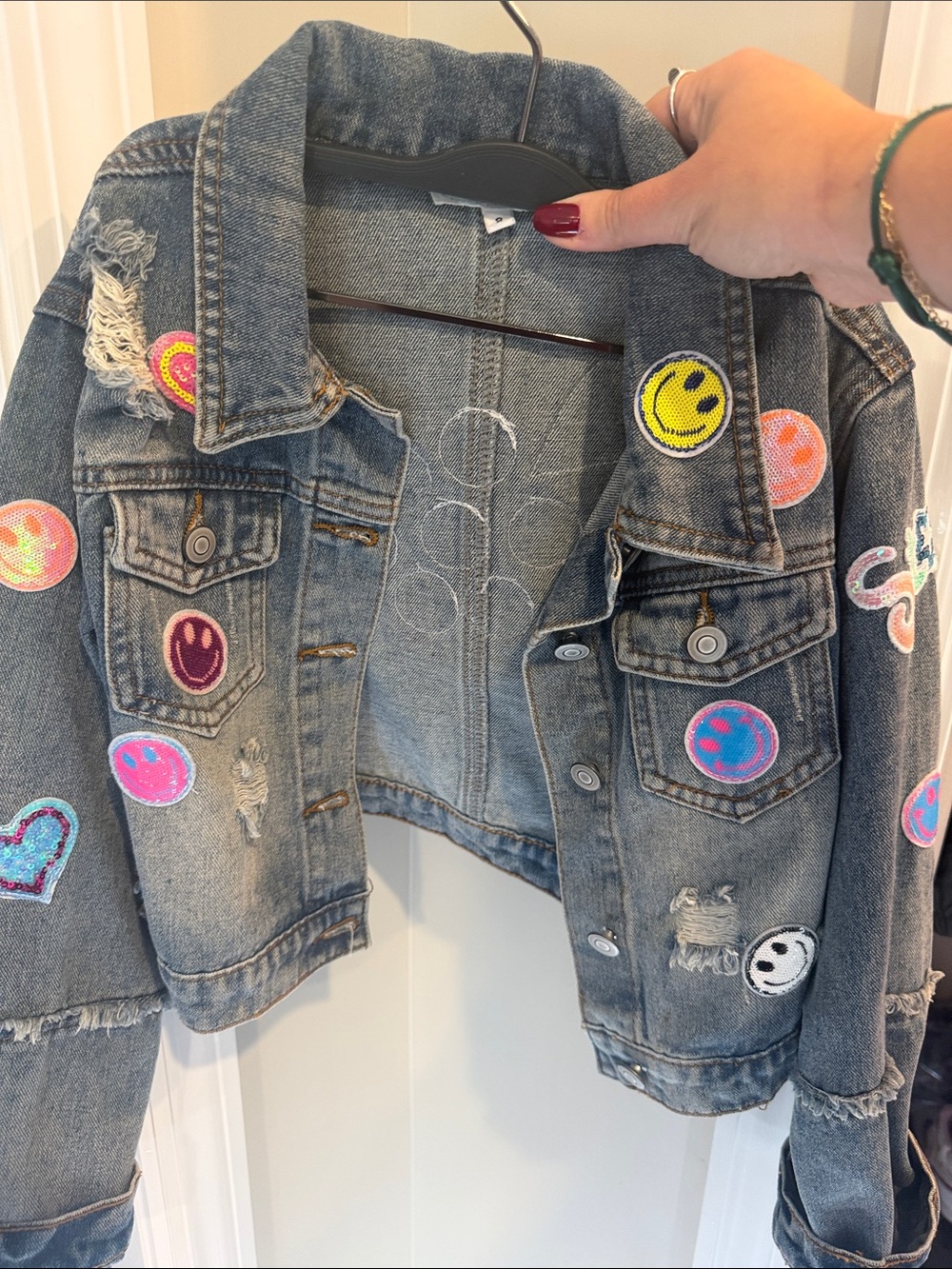 Distressed Kids Denim Jacket with Colorful Smile Patches size 8
